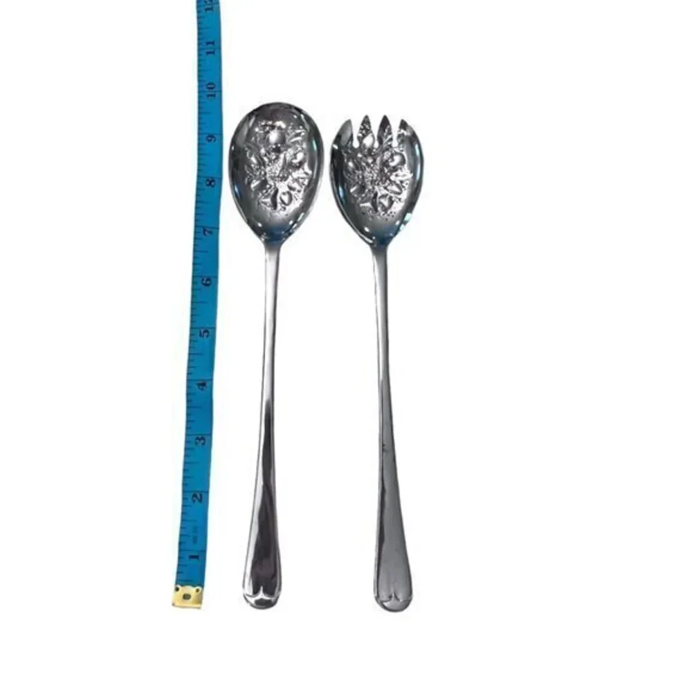Vintage Sheffield England Embossed Silver Plate Salad Serving Fork & Spoon 9.5